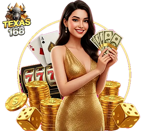 TEXAS168 สล็อต 777 ภาพนางแบบชุดทองถือเงินสด ล้อมรอบด้วยเหรียญและทองคำสไตล์คาสิโน