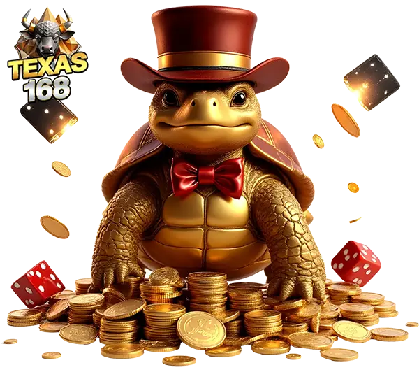 TEXAS168 เกมสล็อตตัวการ์ตูนสัตว์สวมหมวกสูงสีแดง นั่งบนกองเหรียญทอง พร้อมลูกเต๋าและไพ่ลอยรอบตัว