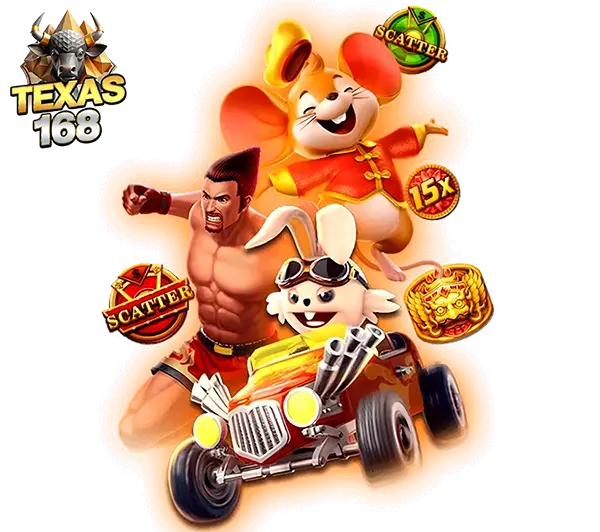 TEXAS168 สล็อตเว็บตรง ตัวละครนักสู้ขับรถพร้อมสัญลักษณ์สล็อตและโบนัสรอบตัว โทนสนุกสดใส