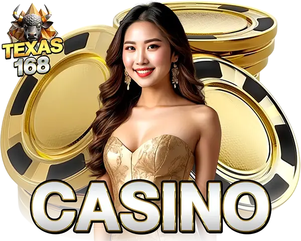 TEXAS168 คาสิโนออนไลน์ ภาพดีลเลอร์สาวชุดสีทอง พร้อมเหรียญและชิปคาสิโน ตัวอักษร CASINO เด่นชัด