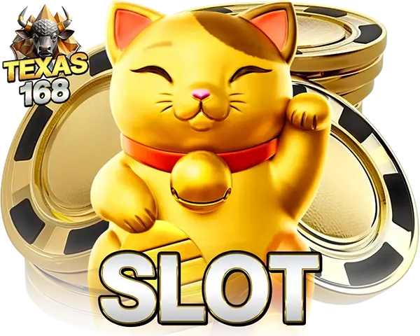TEXAS168 เกมสล็อตแมวกวักสีทอง พร้อมเหรียญทองและตัวอักษร SLOT โดดเด่นสไตล์คาสิโน