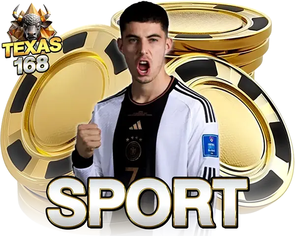 TEXAS168 เดิมพันกีฬาออนไลน์ ภาพนักฟุตบอลพร้อมเหรียญทองและตัวอักษร SPORT สไตล์พรีเมียม